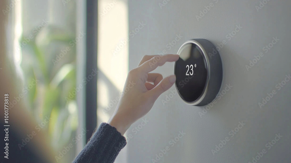 Poster user is adjusting the smart thermostat through voice control showcasing its sleek design and modern 