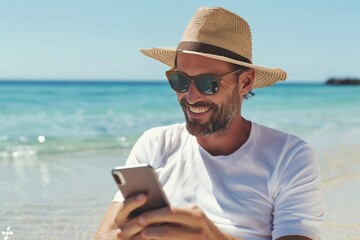 Smiling guy in straw hat enjoying ocean view on a sunny day