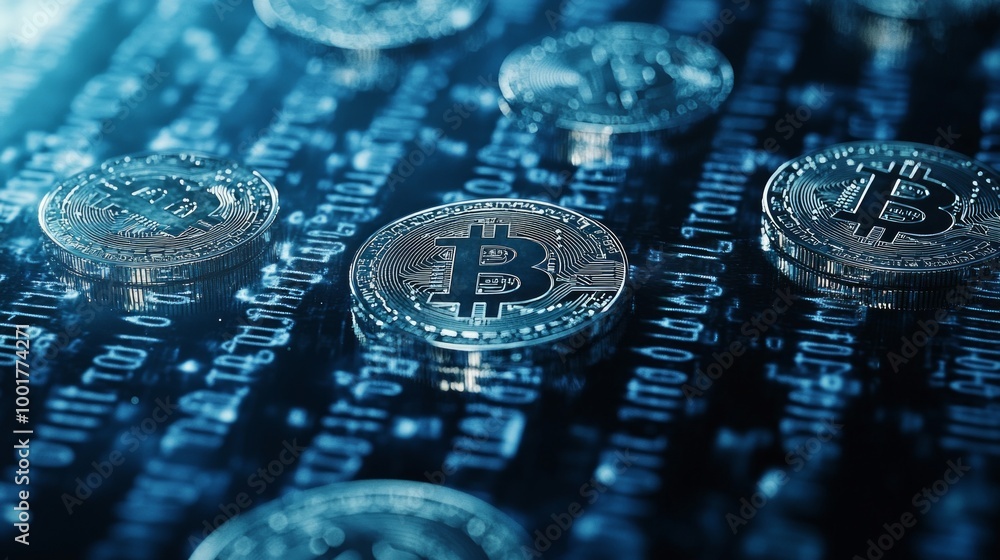 Poster digital coins displaying the bitcoin symbol hover above a stream of binary code embodying the essenc