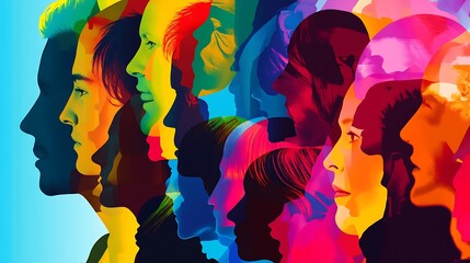 A colorful abstract illustration of many different people's profiles, showcasing diversity and individuality.