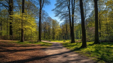 Fototapeta premium A winding path through a lush green forest with tall trees casting long shadows.