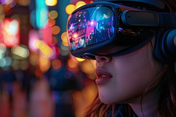 Young girl woman VR headset virtual reality goggles uses computer technology female wearing exploration metaverse modern advanced tech future progress playing game experience gaming digital ai vision