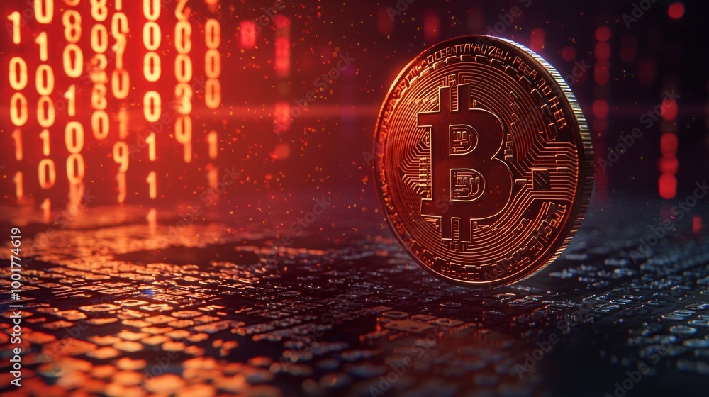Poster collection of digital coins prominently displays the bitcoin symbol hovering above a backdrop of glo