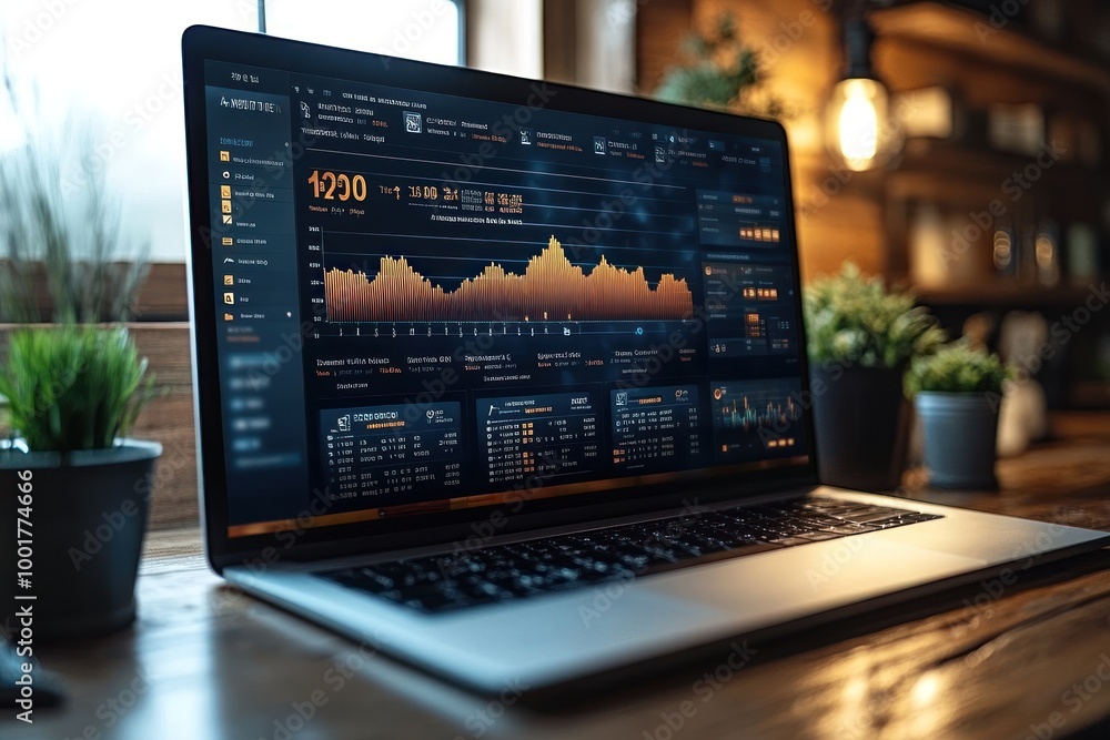 Poster Laptop on wooden desk showing stock market data and graphs.