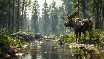 Moose standing by forest stream in peaceful woodland
