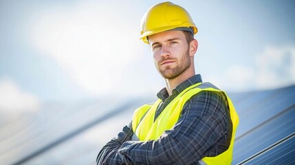 A young male engineer wearing a hard hat and safety vest poses confidently in front of solar panels during a sunny day, showcasing innovation in renewable energy