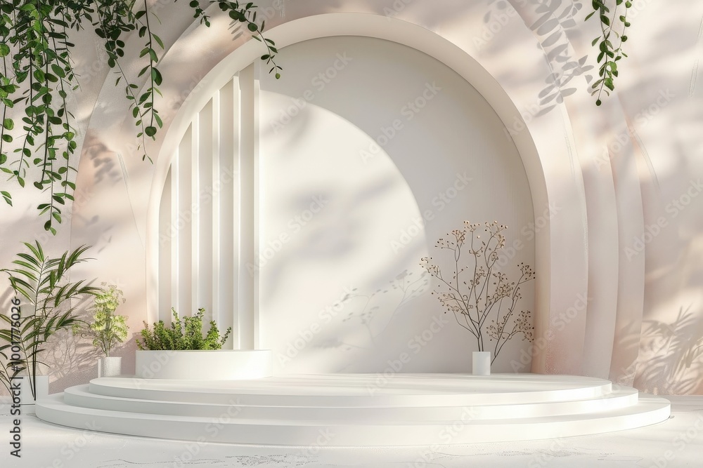 Poster serene minimalist outdoor setting with soft shadows and lush greenery in a chic architectural design