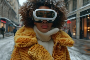 Young girl woman VR headset virtual reality goggles uses computer technology female wearing exploration metaverse modern advanced tech future progress playing game experience gaming digital ai vision