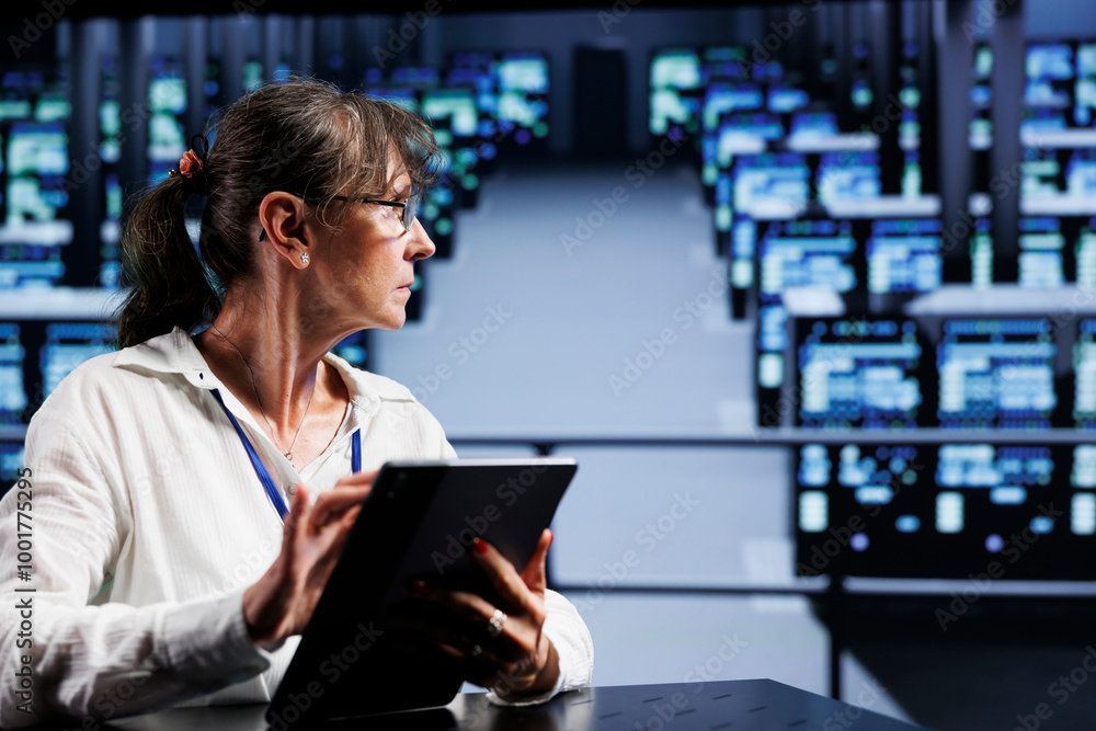 Poster trained engineer preparing server mainframes contingency plan, monitoring data center energy consump