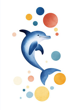 Springender Delfin zwischen geometrischen Kreisen &ndash; Verspielte Aquarellkunst f&uuml;r das Kinderzimmer