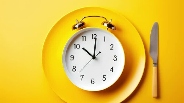 Alarm clock on a yellow plate with knife and fork, suggesting time and mealtime. Emphasizes healthy lifestyle and balanced diet. Minimalistic top view with copy space