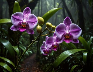 purple orchid blossoms in tropical rainforest