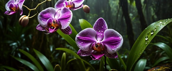 Fototapeta premium purple orchid flowers bloom under lush green canopy in tropical rainforest