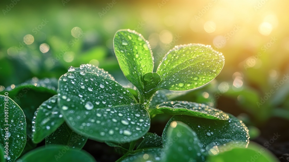 Wall mural Close-up of dew drops on green leaves of young soybean plants in a field with soft sunlight.