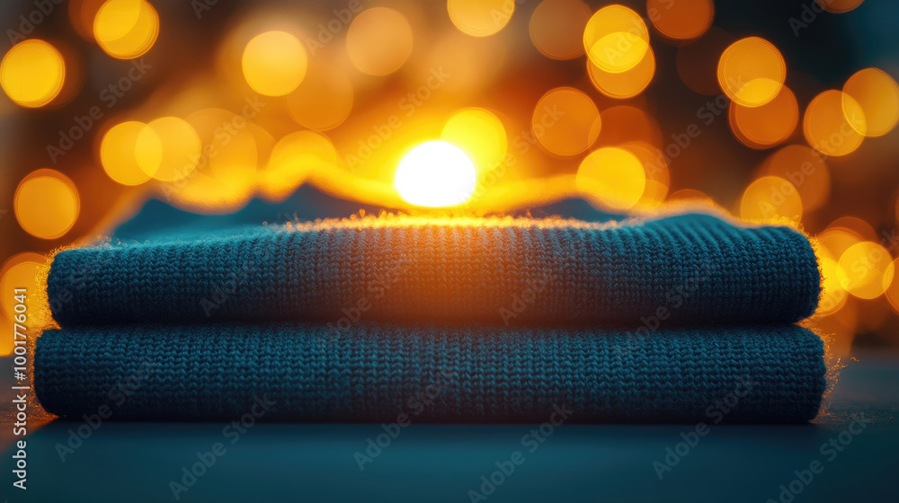 Aufkleber neatly folded towels rest on a surface illuminated by a warm sunset glow, creating a calming and coz