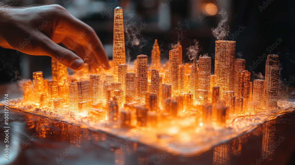 Poster an artistic representation of a cityscape illuminated with warm light, created by a hand manipulatin