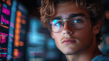 A focused young man analyzes complex data displayed on bright screens, surrounded by a technological environment in the evening