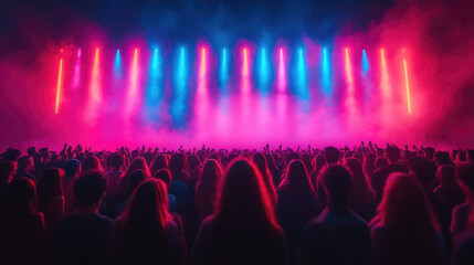 A lively crowd sways to the rhythm during an electrifying concert illuminated by colorful stage lights at night