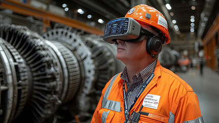 A worker dons virtual reality goggles inside a manufacturing facility, focused on enhancing skills and efficiency during training sessions