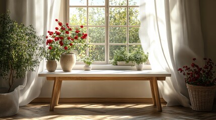 Minimalist white table with wooden legs in front of a window with soft sunlight and shadow