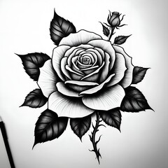 Detailed black and white rose drawing with a bud and leaves on sketch paper