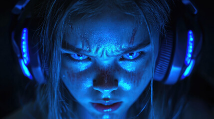 A young individual is deeply concentrated, illuminated by blue light from headphones, in a dark room engaged in gaming