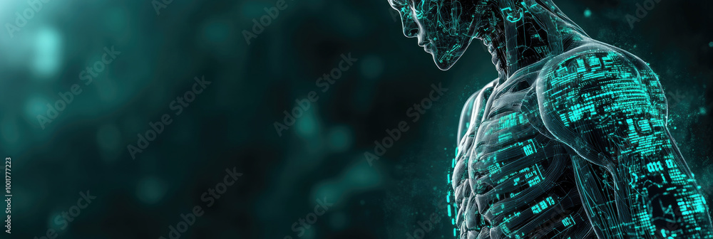 Poster a glowing green digital figure showcases intricate circuitry and data patterns, blending technology 