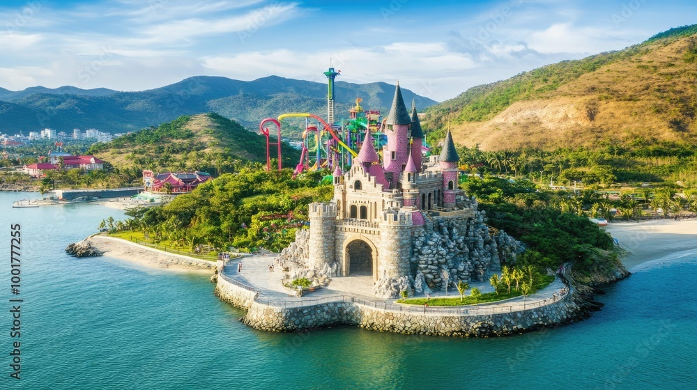 Wall mural An aerial view of a fairytale castle on a small island with a beach and mountains in the background. The castle is surrounded by trees and has a large gate.