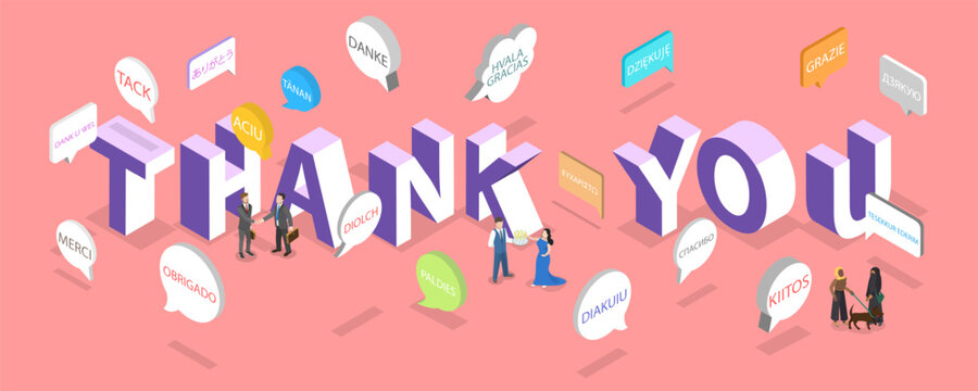 3D Isometric Flat Vector Illustration of Thank You, Lettering in Different Languages