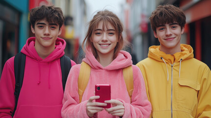 Three young people wearing bright hoodies stand together, smiling as they pose with a smartphone on a lively urban street