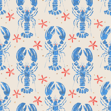 Vintage pattern of lobsters and stars. Seamless pattern of vintage blue lobsters and red starfishes