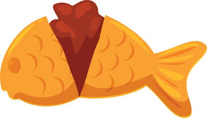 This cartoon illustration features a golden brown bungeoppang with its mouth open, showing a sweet red bean paste filling