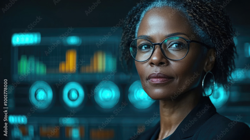 Poster a skilled analyst assesses vibrant data visualizations on a digital screen in a dark office setting