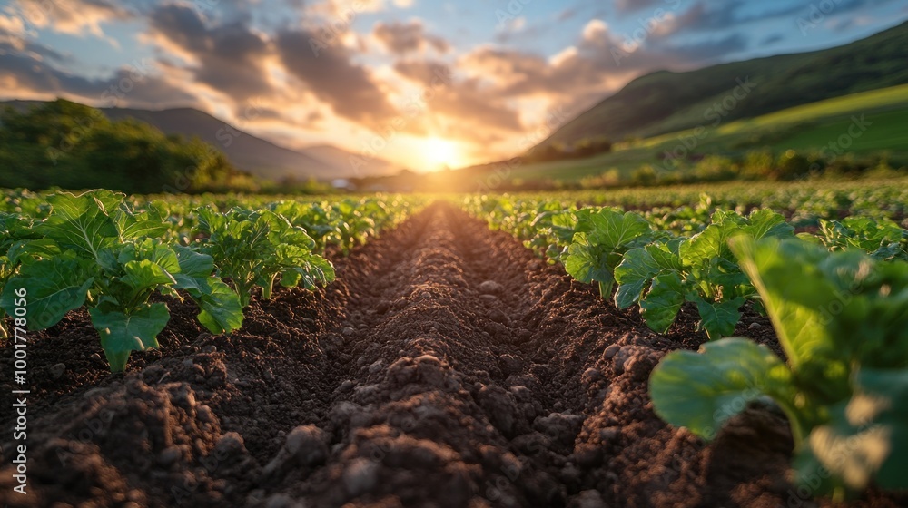 Sticker Rows of green plants growing in a field at sunset with a dramatic sky and rolling hills in the distance.