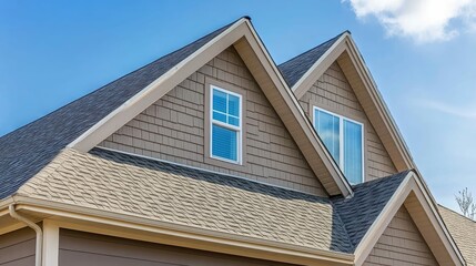 Closeup view of a gray shingle roof with two dormer windows against a blue sky.