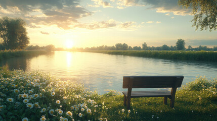 Obraz premium A serene riverbank setting at sunset, featuring a bench surrounded by blooming flowers and reflecting water under a colorful sky