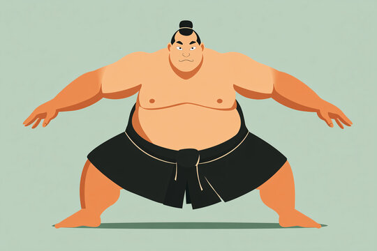 Whimsical Illustration of a Sumo Wrestler Performing the Shiko Pose in Traditional Japanese Martial Arts Style