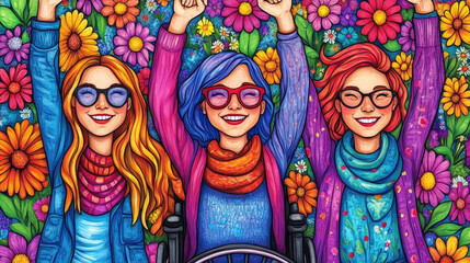 Fototapeta premium Three smiling friends express their happiness with raised arms amidst a backdrop of bright flowers, showcasing friendship and joy