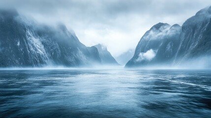 Naklejka premium Misty mountains and tranquil waters create a serene scene, with layers of clouds and fog creating an ethereal atmosphere.