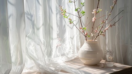 Fototapeta premium A vase of delicate pink blossoms sits on a windowsill, bathed in soft sunlight streaming through sheer curtains.