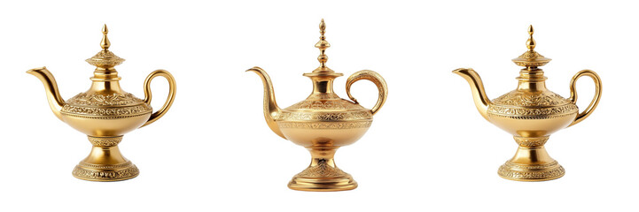 collection Set a golden Aladdin-style lamp isolated on a transparent background cutout, PNG file 