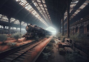 Old abandoned railway station, rusty train standing on the rails. The area and dilapidated buildings are shrouded in mystical darkness and fog. Illustration by Generative AI. © Sergey Kohl
