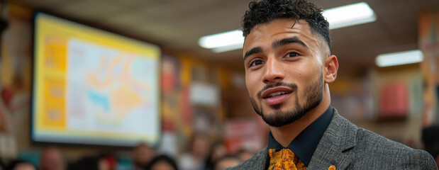 A young man presents confidently in a well-fitted suit, with an engaged audience listening in a colorful classroom atmosphere