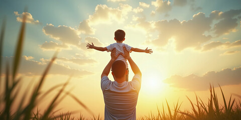 Happy father and son playing happily in nature, strengthening and maintaining the father-son bond