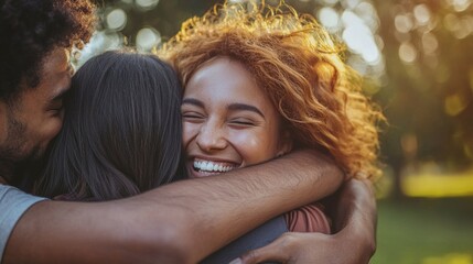 Three friends embrace in a park with genuine smiles sharing moments of happiness and connection after a long time apart due to the pandemic.