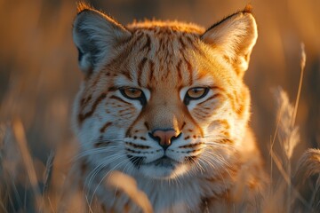 Fototapeta premium Close-up portrait of a big cat in the grass at sunset