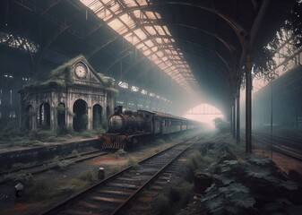 Old abandoned railway station, rusty train standing on the rails. The area and dilapidated buildings are shrouded in mystical darkness and fog. Illustration by Generative AI. © Sergey Kohl