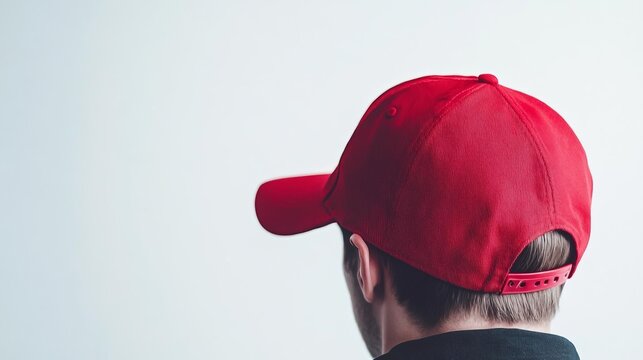 Man Wearing Red Baseball Cap Back View
