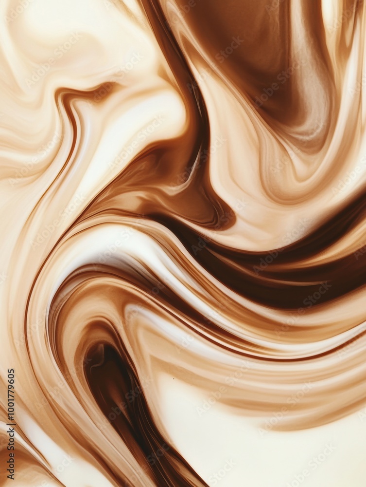 Poster swirling patterns of coffee merging with milk create an abstract blend of rich brown and creamy whit