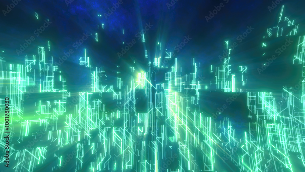 Poster abstract glowing energy futuristic green hi-tech abstract background made of lines and computer stri